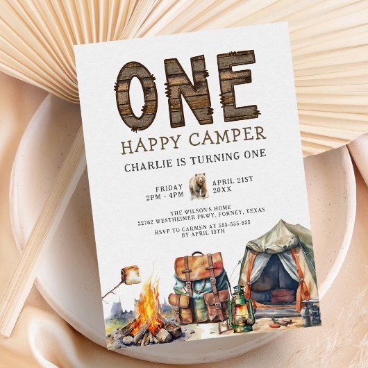 Een Happy Camper Woodland Camping 1e Verjaardag Kaart