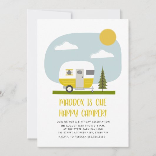 Een Happy Camper Yellow Trailer Birthday Kaart (Voorkant)