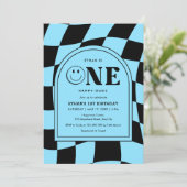 Een Happy Dude Happy Face Blue Boy 1st Birthday Kaart (Staand voorkant)