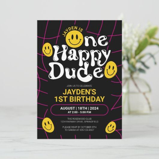 Een Happy Dude Neon Smile Face Boy 1e verjaardag Kaart (Staand voorkant)