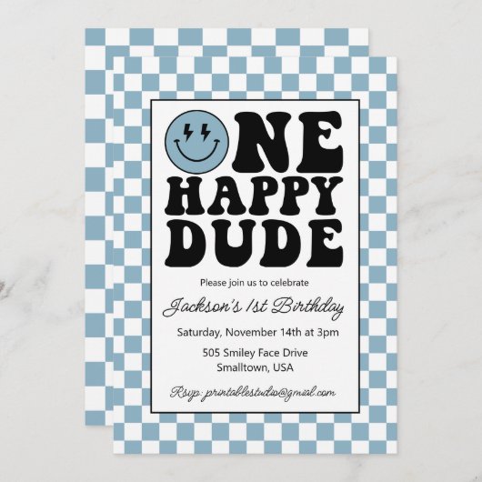 Een Happy Dude verjaardagsuitnodiging in blauw Kaart (Voorkant / Achterkant)
