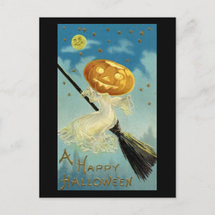 Een Happy Halloween Pumpkin Head Witch Vintage Briefkaart