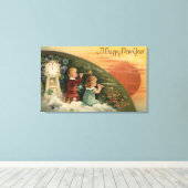 Een Happy New YearKids die Trumpets blaast Canvas Afdruk (Insitu (Houten vloer))