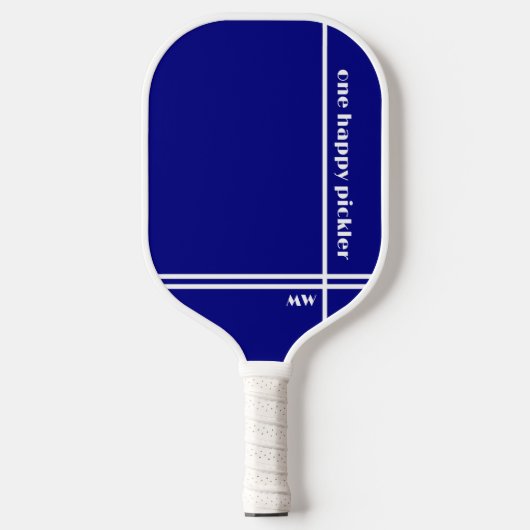 Een Happy Pickler Navy Blauw Wit Initialen Grappig Pickleball Paddle (Voorkant)