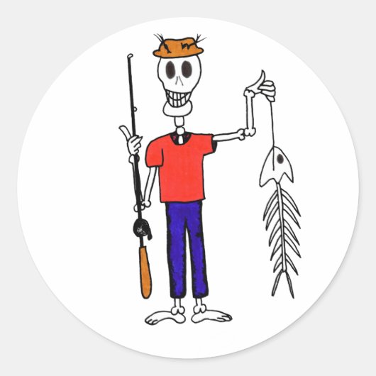 Een Happy Skeleton Fisherman met een skeletvis Ronde Sticker (Voorkant)