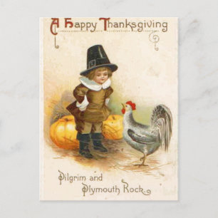 Een Happy Thanksgiving Pilgrim en Plymouth Rock Feestdagenkaart