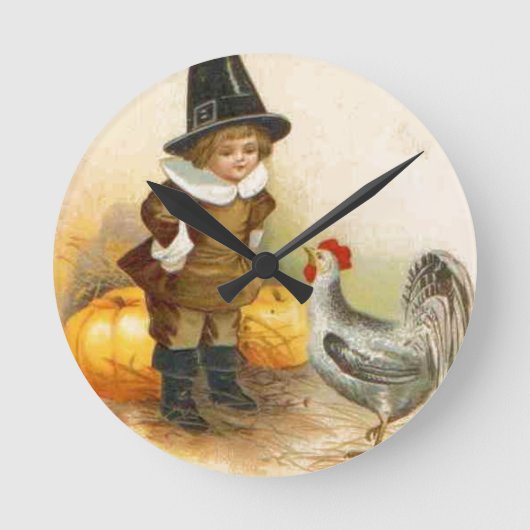 Een Happy Thanksgiving Pilgrim en Plymouth Rock Ronde Klok (Voorkant)