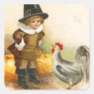 Een Happy Thanksgiving Pilgrim en Plymouth Rock Vierkante Sticker