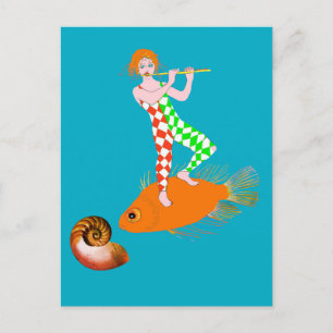 Een Harlekijn-clown die een fluit speelt Briefkaart