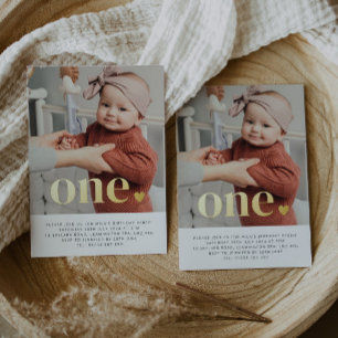 Een hart foto eerste verjaardag goud folie uitnodiging