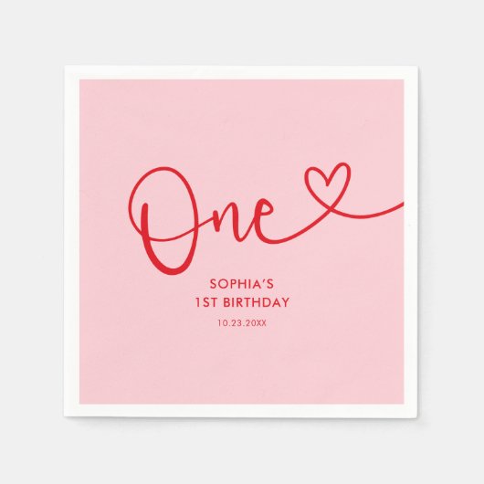 Een hart kalligrafie 1e verjaardag roze rood servet (Voorkant)