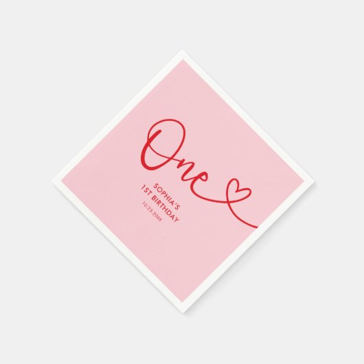 Een hart kalligrafie 1e verjaardag roze rood servet (Hoek)
