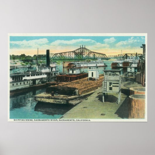 Een havenscheepscène op de Sacramento-rivier Poster (Voorkant)