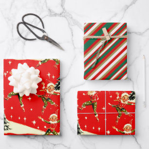 Een heel retro vrolijk en helder Kerst Pixies Inpakpapier Vel