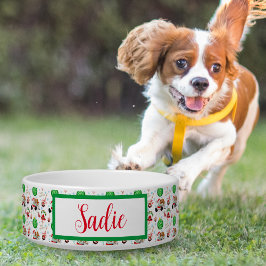 Een heel vrolijke Cavalier King Charles Kersthond Voerbakje