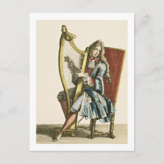 Een heer die de harp speelt (graven) briefkaart (Voorkant)