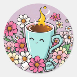 Een heerlijke kop warme koffie en bloemen ronde sticker
