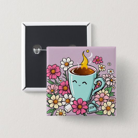 Een heerlijke kop warme koffie en bloemen vierkante button 5,1 cm (Voorkant /achterkant)