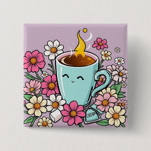 Een heerlijke kop warme koffie en bloemen vierkante button 5,1 cm (Voorkant)