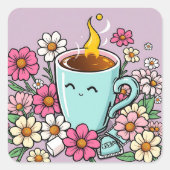Een heerlijke kop warme koffie en bloemen vierkante sticker (Voorkant)