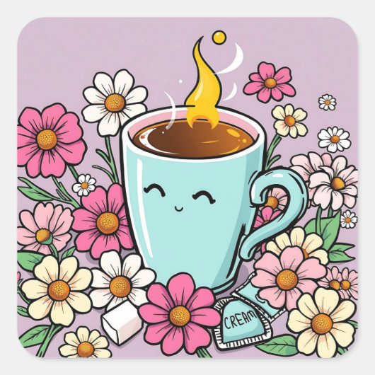 Een heerlijke kop warme koffie en bloemen vierkante sticker (Voorkant)