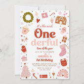 Een heerlijke roze kerst 1e verjaardag partij kaart (Voorkant)