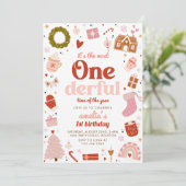 Een heerlijke roze kerst 1e verjaardag partij kaart (Staand voorkant)