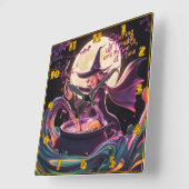 Een heks brouwt drankjes onder de volle maan vierkante klok (Hoek)