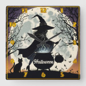 Een heks brouwt drankjes onder een gloeiende volle vierkante klok (Voorkant)