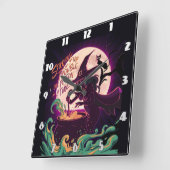 Een heks brouwt drankjes onder een volle maan vierkante klok (Hoek)