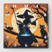 Een heks brouwt drankjes onder een volle maan vierkante klok (Voorkant)