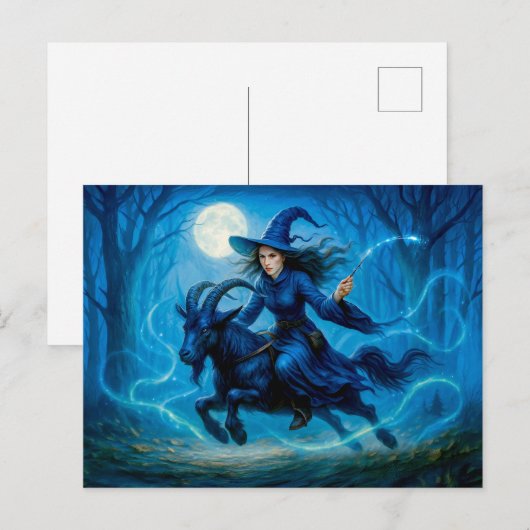 Een heks die op een geit door het maanverlichte bo feestdagenkaart (Voorkant / Achterkant)