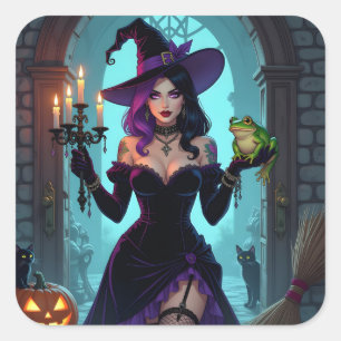 Een heks, een kandelaar en een kikker Halloween Vierkante Sticker