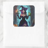 Een heks, een kandelaar en een kikker Halloween Vierkante Sticker (Tas)