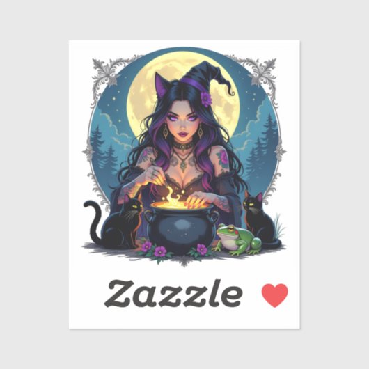 Een heks, een zwarte kat en een kikker Halloween Sticker (Vel)