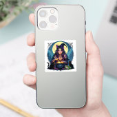 Een heks, een zwarte kat en een kikker Halloween Sticker (Telefoon)