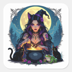 Een heks, een zwarte kat en een kikker Halloween Vierkante Sticker