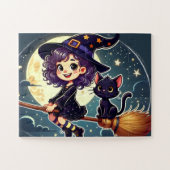 Een heks en een kat op een bezempuzzel legpuzzel (Horizontaal)