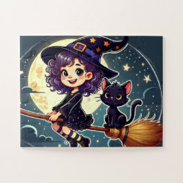 Een heks en een kat op een bezempuzzel legpuzzel