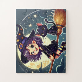 Een heks en een kat op een bezempuzzel legpuzzel