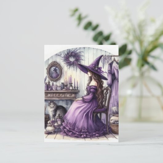 Een heks en haar kat briefkaart (Staand voorkant)