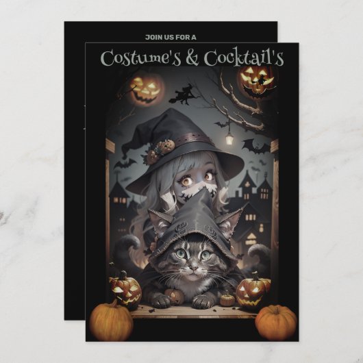 Een heks en haar kat Halloween Party uitnodiging (Voorkant / Achterkant)