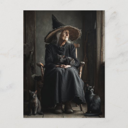 Een heks en haar katten briefkaart (Voorkant)