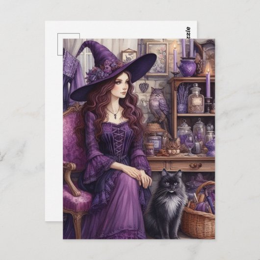 Een heks en haar mooie kat briefkaart (Voorkant / Achterkant)