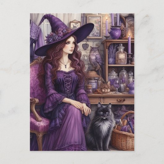 Een heks en haar mooie kat briefkaart (Voorkant)