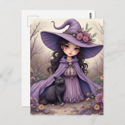 Een heks en haar zwarte kat briefkaart (Voorkant / Achterkant)