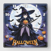 Een heks met een pompoen onder een volle maan vierkante klok (Voorkant)