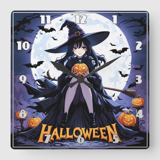 Een heks met een pompoen onder een volle maan vierkante klok (Voorkant)