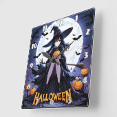 Een heks met een pompoen onder een volle maan vierkante klok (Hoek)