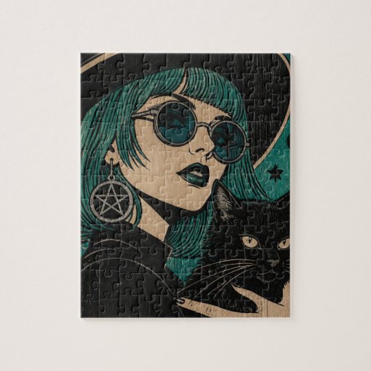 Een heks met haar zwarte kat Houtsnede Legpuzzel (Verticaal)
